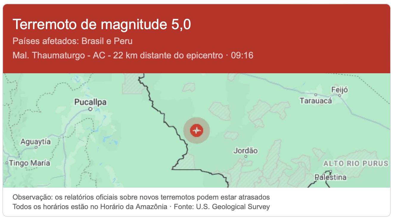 Mais um Terremoto de magnitude 5,1 foi registrado no interior do Acre; Moradores sentiram o Tremor