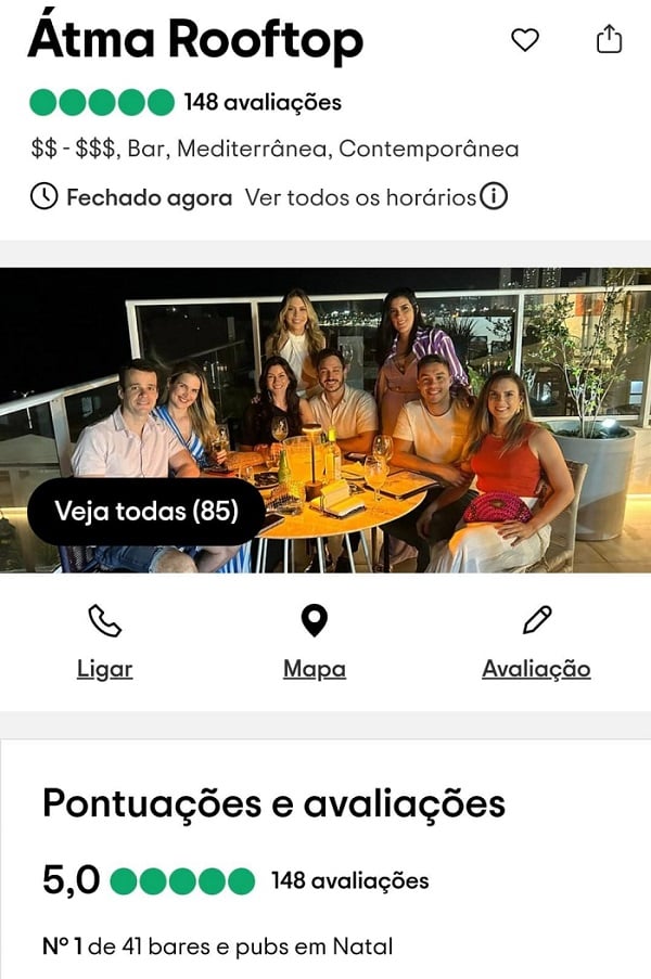 Em menos de um ano, Átma Rooftop é o bar de Natal mais bem avaliado em site