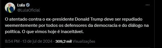 Para Lula, atentado contra Trump “deve ser repudiado por defensores da democracia”