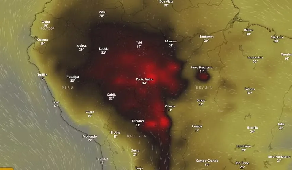 Mancha de fogo encobre o Acre e mais quatro estados da Amazônia, apontam imagens de satélite