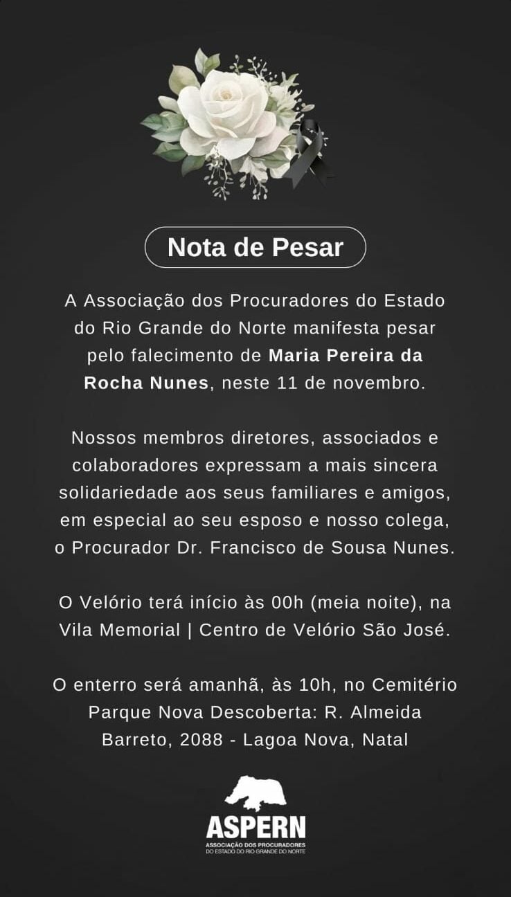 Morre Maria Pereira da Rocha Nunes, esposa do procurador Francisco Nunes