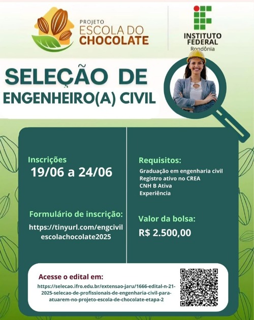 IFRO lança edital de seleção de Engenheiros bolsistas para atuarem no Projeto Escola do Chocolate